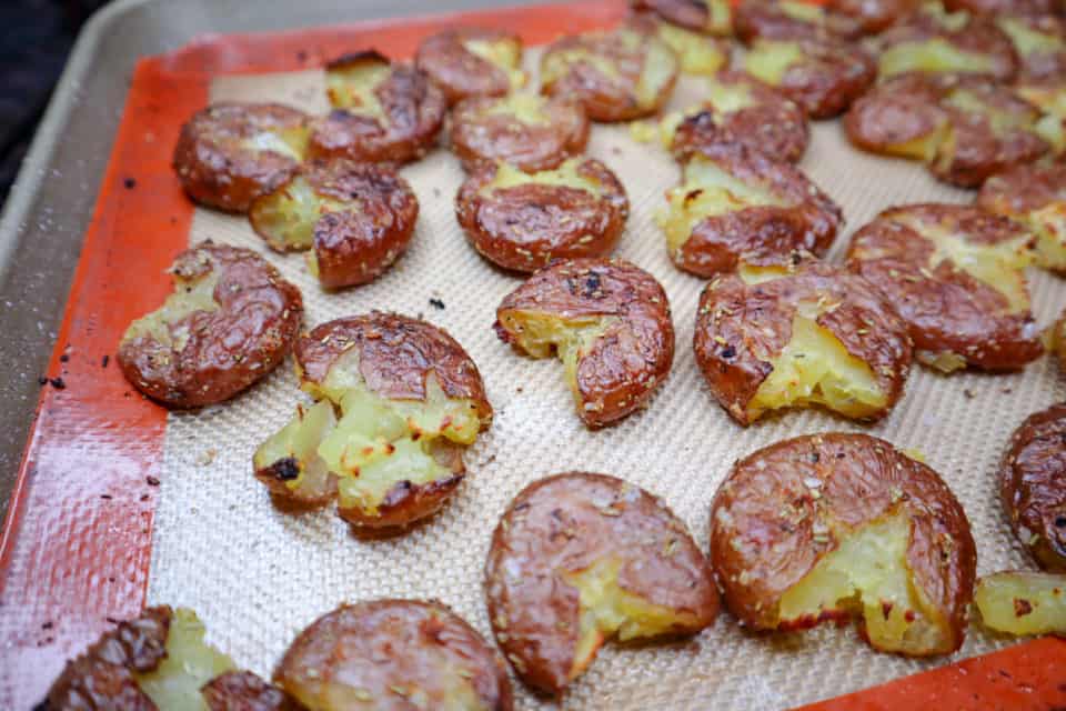 Finished close up picture of Broiled Smashed Baby Potatoes.