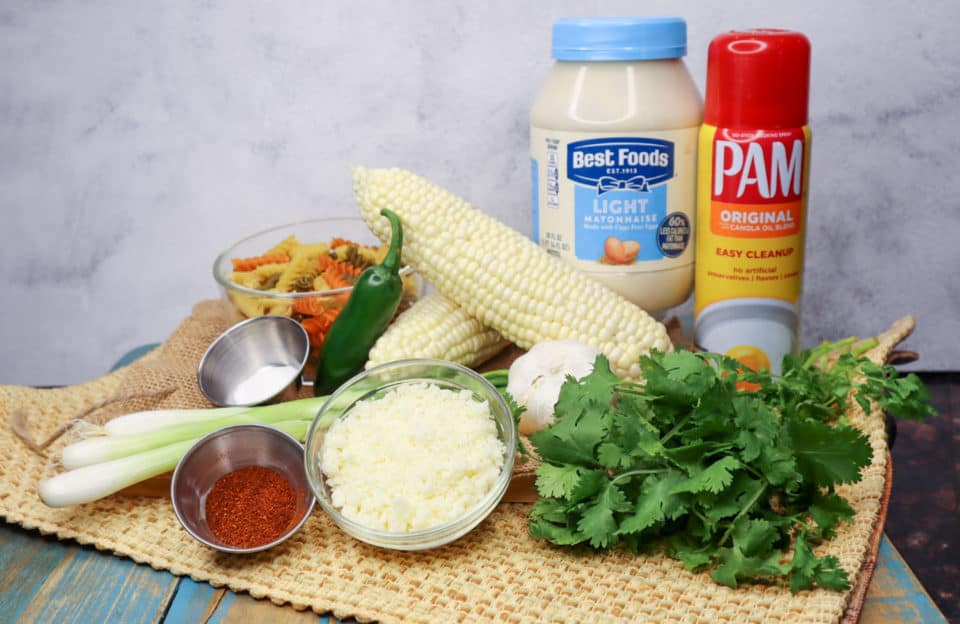 Ingredients for Mexican Elote Corn Pasta Salad