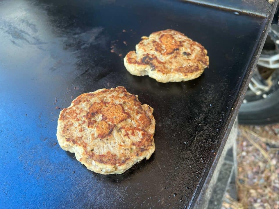 Cooked Ground Turkey Breakfast Sausage on the griddle.