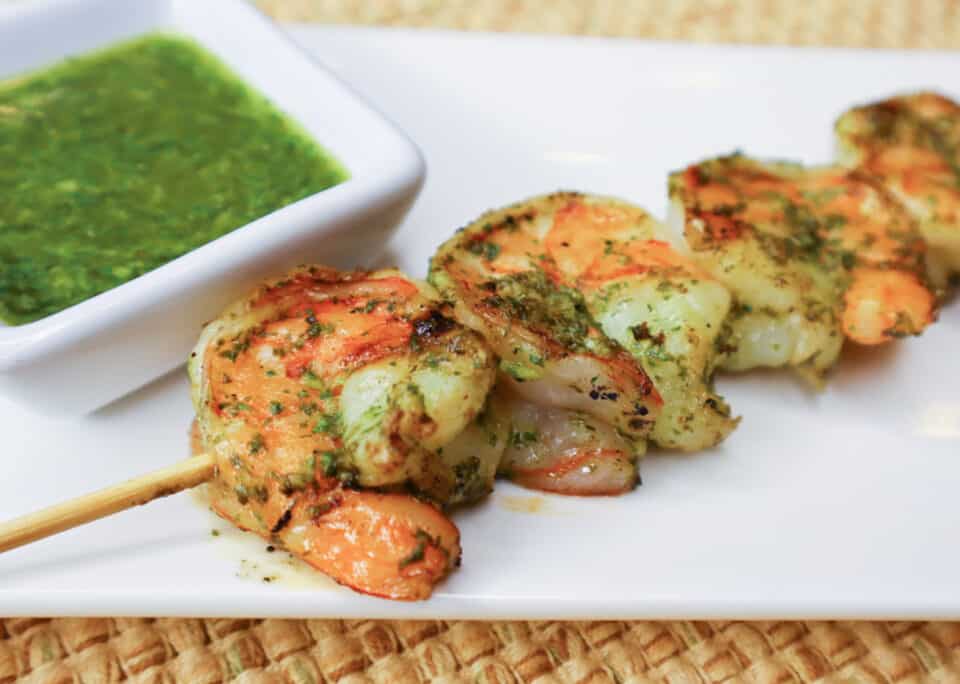Grilled shrimp with Fresh Lime Chimichurri Sauce.