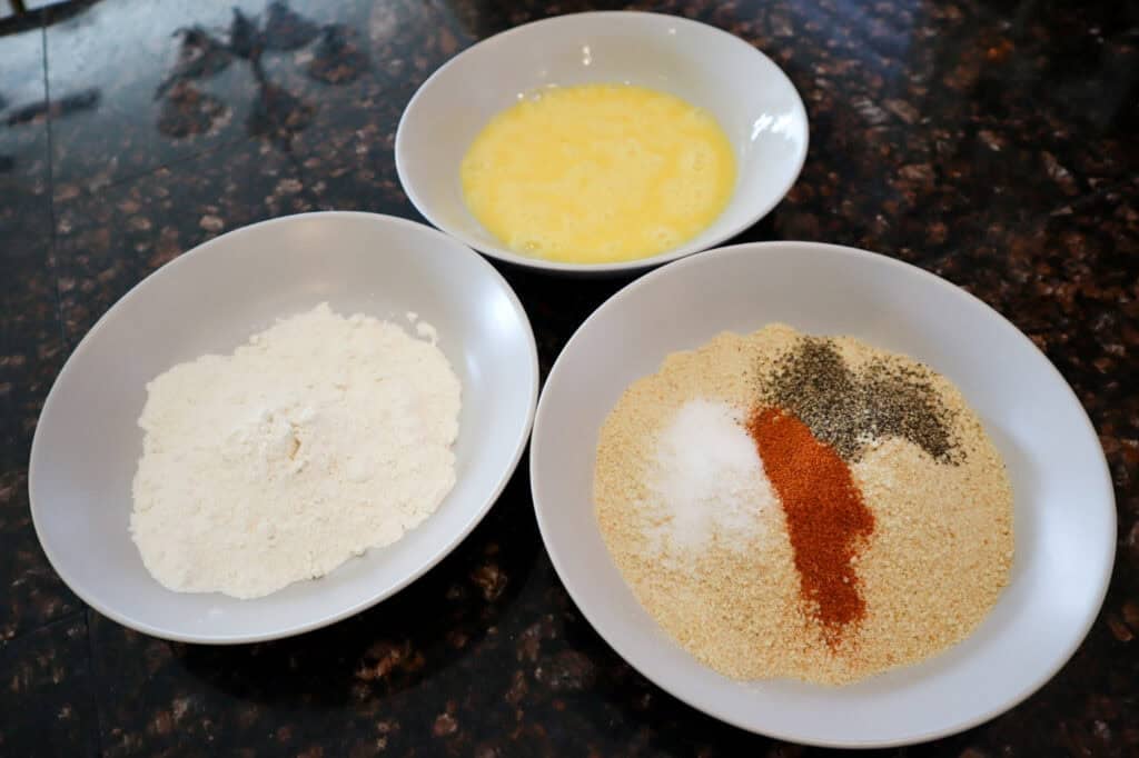 Flour, egg and breadcrumbs for the breading for Dill Pickle Chicken Thighs.