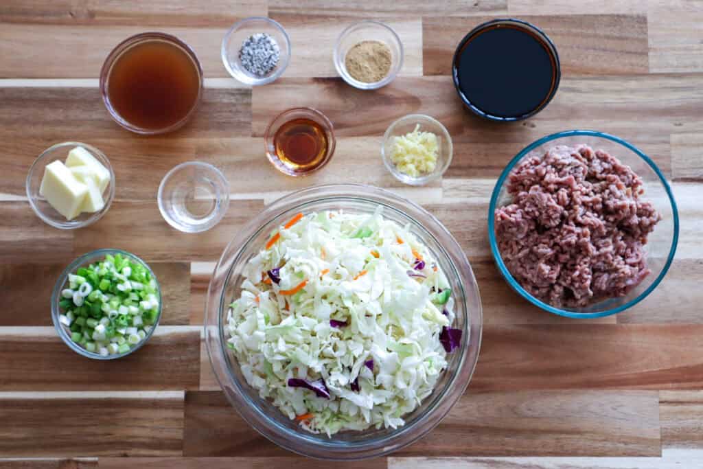 Ingredients for making One Pan Egg Roll Bowl.