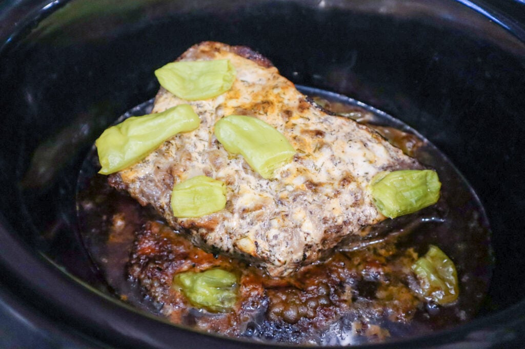 Mississippi pot roast after cooking in the slow cooker.